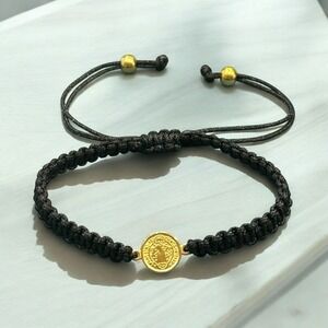 Adjustable Black Braided Bracelet with Gold-Tone Religious Medallion